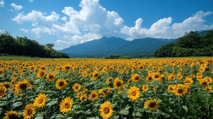 Fototapeta premium Sunny sunflower field with mountain backdrop