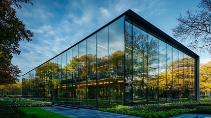 A glass building with trees and a blue sky reflecting on the surface, creating an eco-friendly look.