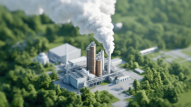 Industrial complex amidst lush greenery, emitting smoke
