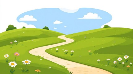 Fototapeta premium Colorful Nature Walk with Blooming Flowers on White Background