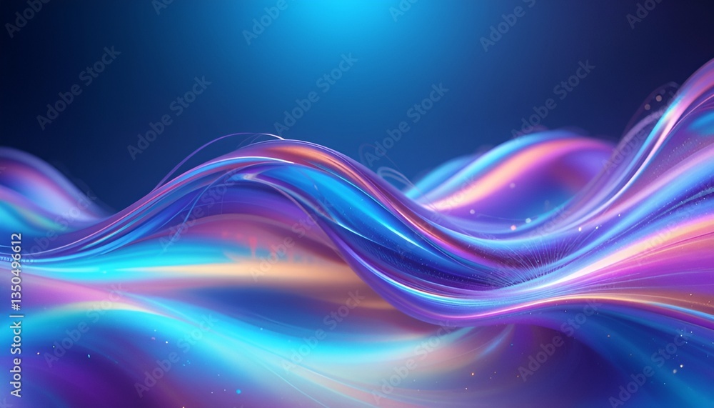 Poster abstract flowing lines with vibrant colors on a gradient blue background and subtle light particles