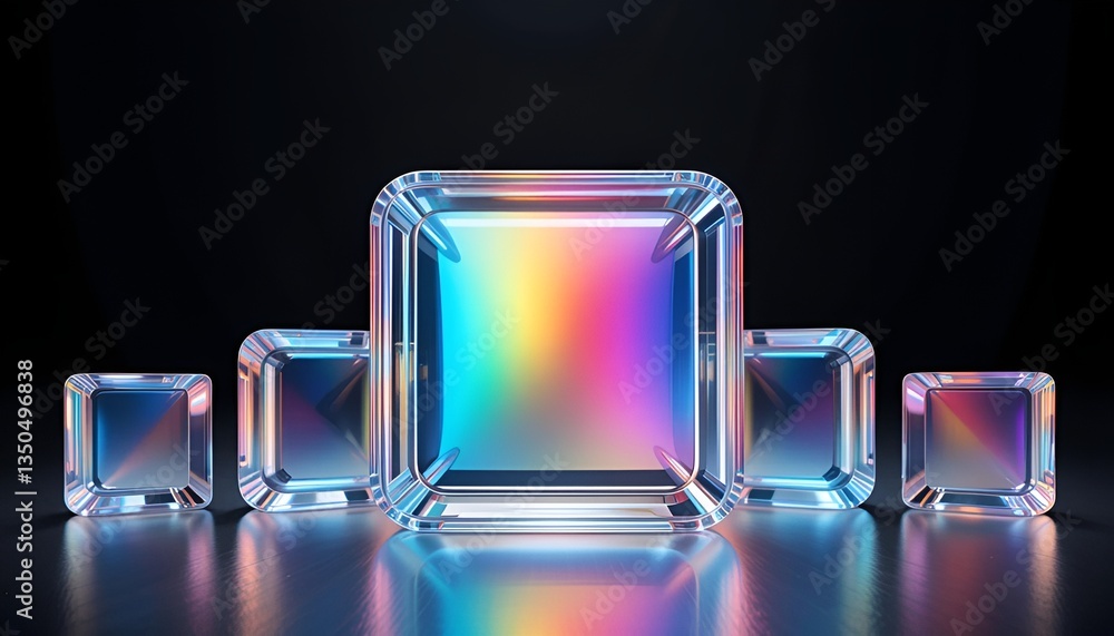 Poster five transparent square blocks with rainbow gradient on a reflective surface and a black background
