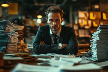 Obraz premium A serious accountant businessman in a suit sitting at a cluttered desk surrounded by piles of paperwork, conveying a sense of stress and urgency in a dimly lit office environment.
