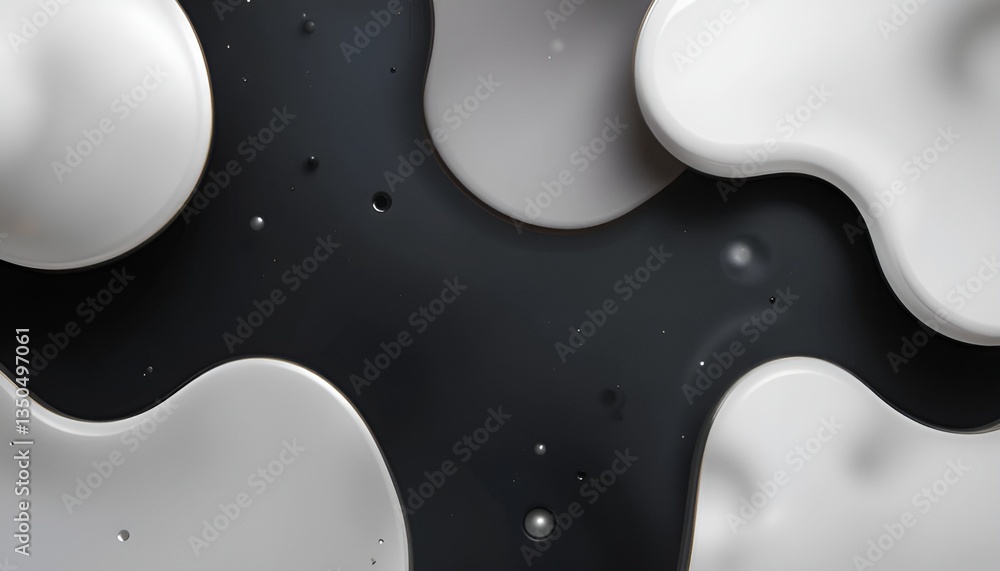 Poster abstract background with flowing white and gray shapes on a dark surface with small bubbles scattere