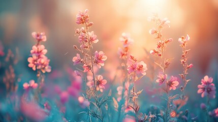 Sunset meadow flowers, vibrant, soft, glowing