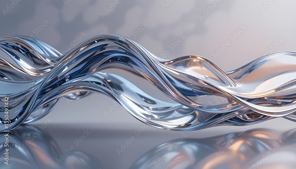 Poster abstract chrome waves flowing smoothly with reflections and soft background rendering in d rendering