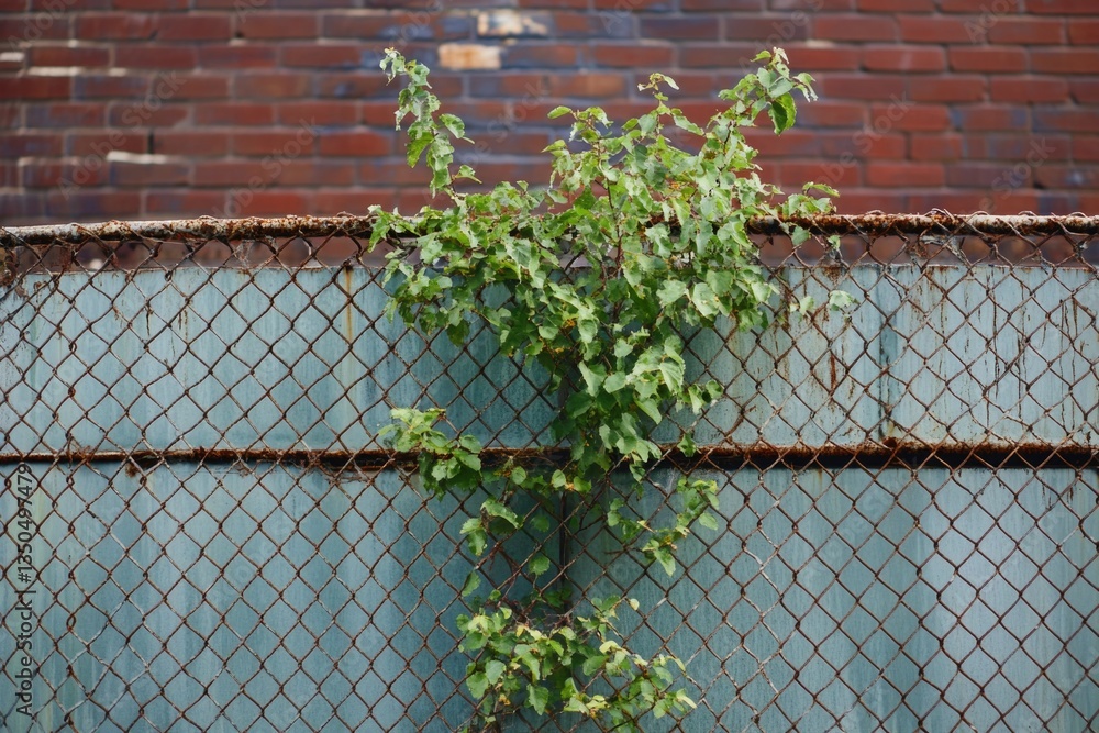 Poster a tree is emerging and thriving as it grows through the gaps in the fence.
