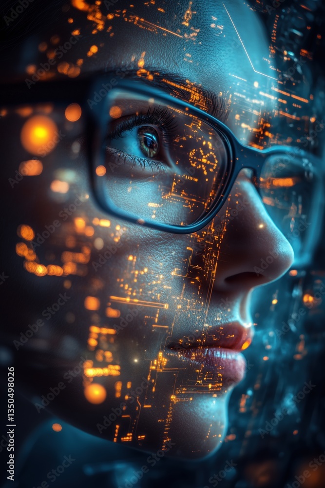 Poster a close-up portrait of a woman ai architect with glasses, her face illuminated by digital patterns a