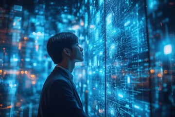 A young man AI Architect in a suit stands in front of a futuristic digital display, illuminated by blue and neon lights, creating a high-tech atmosphere.