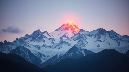 Snow-covered mountains display a striking sunset peak