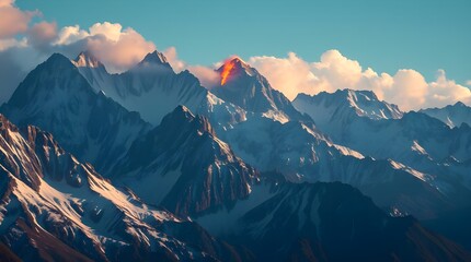 Snow-covered mountains display a striking sunset peak