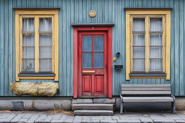 Charming Vintage House Exterior Red Door Yellow Windows