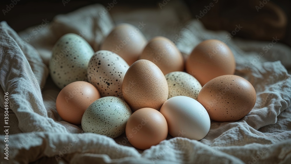 Poster assorted eggs arranged on a soft linen cloth in a rustic kitchen setting during morning light
