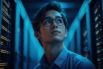 A Data Engineer young man with glasses looking thoughtfully in a server room, illuminated by blue lights from the servers. The atmosphere is tech-focused and modern.