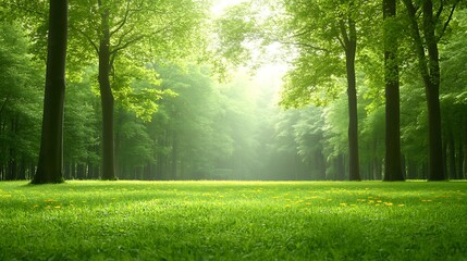 Fototapeta premium A lush green forest glade is illuminated by bright sunlight