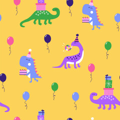 Birthday party seamless pattern. Dinosaurs with cakes, gifts, and balloons. Yellow background. 