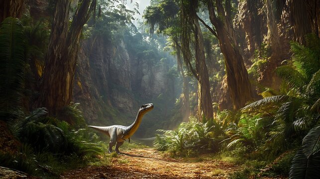 Rare Europasaurus moving cautiously through lush valley small yet graceful form blending into prehistoric landscape The towering trees around it sway gently in the breeze adding to the tranquil scene
