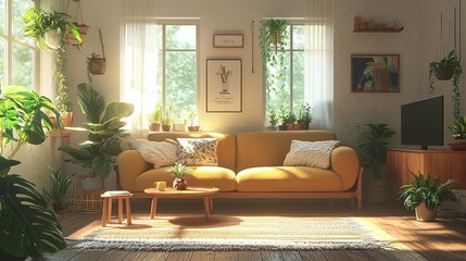 A cozy living room decorated with numerous houseplants and sunlight