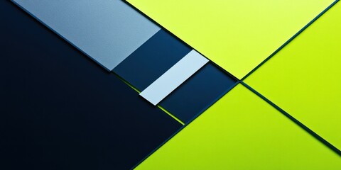 A bold abstract composition with contrasting colors of lime green, dark blue, and black, intersected by a clean, geometric grayscale cross