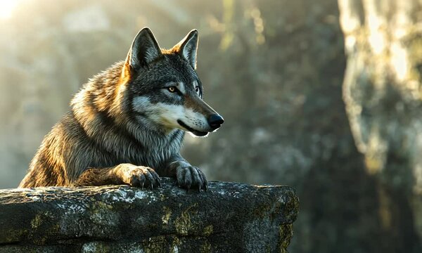 Majestic Wolf with Intense Gaze on Rocky Outcrop at Sunrise with ai generated.