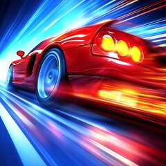 A fast red sports car is moving with incredible speed and power