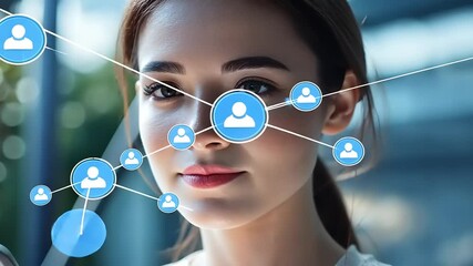 Young woman engaging with her smartphone, surrounded by digital social icons, in a modern urban setting - Powered by Adobe