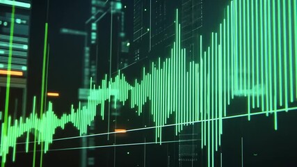 Abstract Green Waveform Visualization Against a Futuristic Cityscape Backdrop - Powered by Adobe