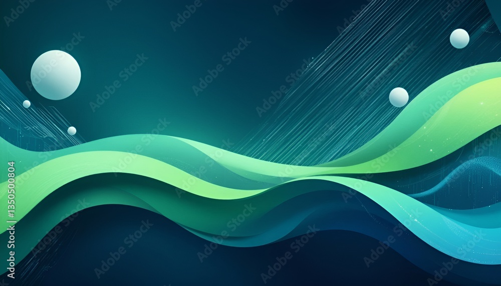 Poster abstract background with green and blue waves and floating spheres in a dark teal space