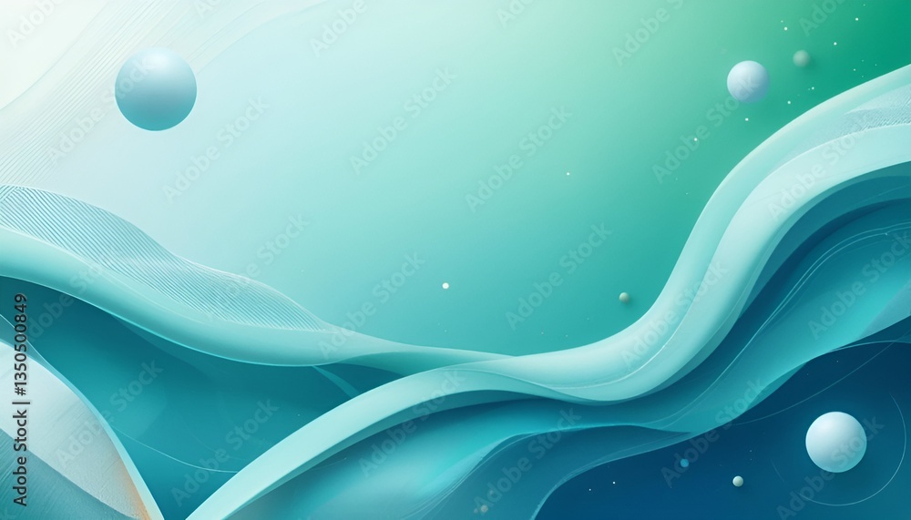 Poster abstract teal background with flowing waves and spheres creating a serene and modern design