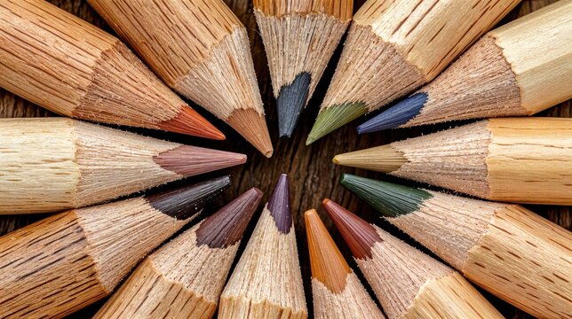 Vivid pencils are meticulously arranged in a circle on a rustic wooden table, inviting creativity and artistic expression in a cozy workspace setting, ideal for art enthusiasts.