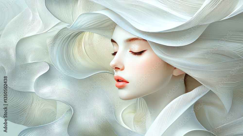 Poster gentle fluid waves in white and light gray, creating a modern abstract background with a soft aesthe