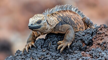 Obraz premium A lizard rests on rugged volcanic rock, its textured skin glistening in the sunlight. Vibrant colors contrast with the barren landscape, highlighting the beauty of nature in the Galapagos.