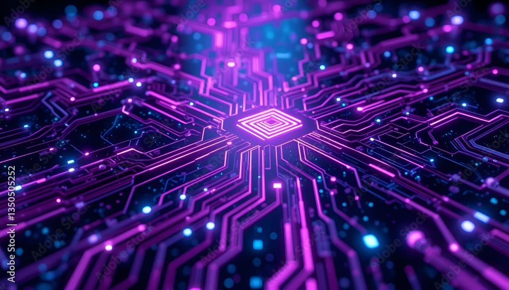 Poster abstract glowing purple circuit board with a central diamond shaped processor design element visible