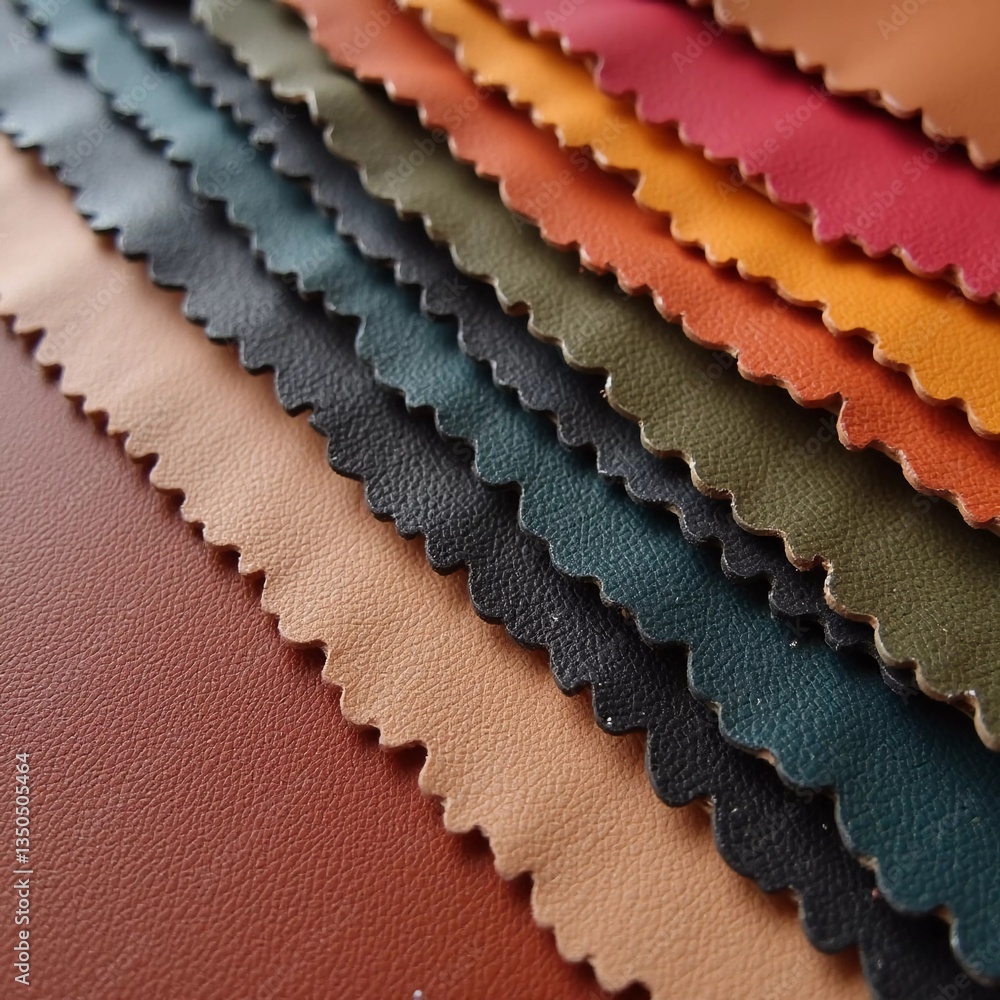 Poster a vibrant collection of artificial leather samples in multiple colors showcases different textures, 