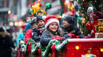 Christmas Parade Cheer: A vibrant scene of a children's Christmas parade, showcasing joyous children riding on a festive float, wrapped in decorations and capturing the spirit of the holiday season.