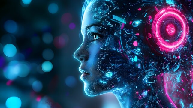 Digital Dreamscape: A mesmerizing portrait of a person, their form subtly infused with the vibrant energy of a digital realm, evokes themes of technology, innovation.