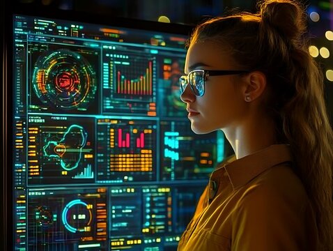 A woman analyzes data on a large computer monitor screen