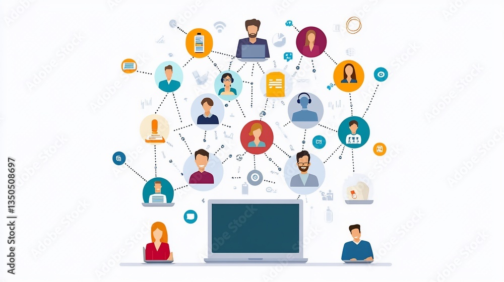 Poster a network of people connected with lines and icons around a laptop on a white background