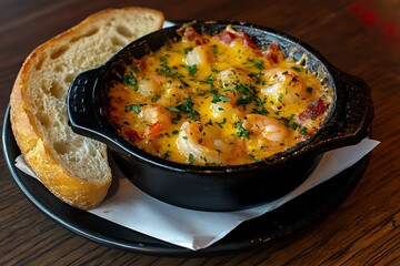 Cheesy Shrimp Bake with Crusty Bread in Cast Iron Dish
