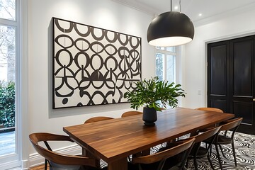Bright dining room wall mockup featuring a frameless monochrome artwork illuminated by pendant lights