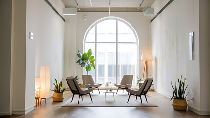 Fototapeta premium Modern minimalist waiting area with arched window Cozy neutral tones and plants