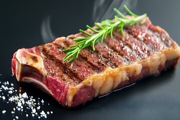 Obraz premium Juicy Grilled Steak with Rosemary Garnish Close-up Photo