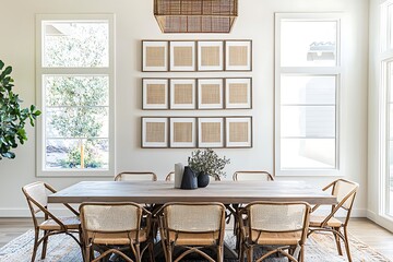 Bright dining room wall mockup with multiple square frames arranged in a symmetrical pattern