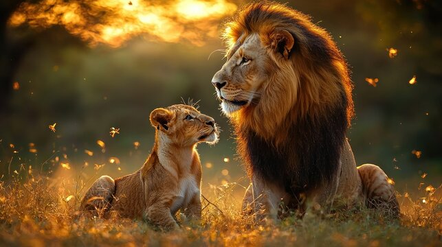Majestic lion and cub at sunset, golden light