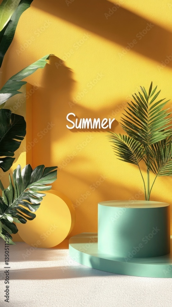 Aufkleber 3d rendering of a summer background with geometric shapes and podiums for product display