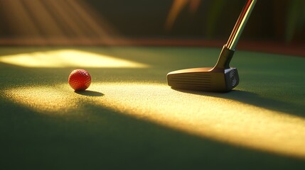 Putting golf ball on a sunny putting green