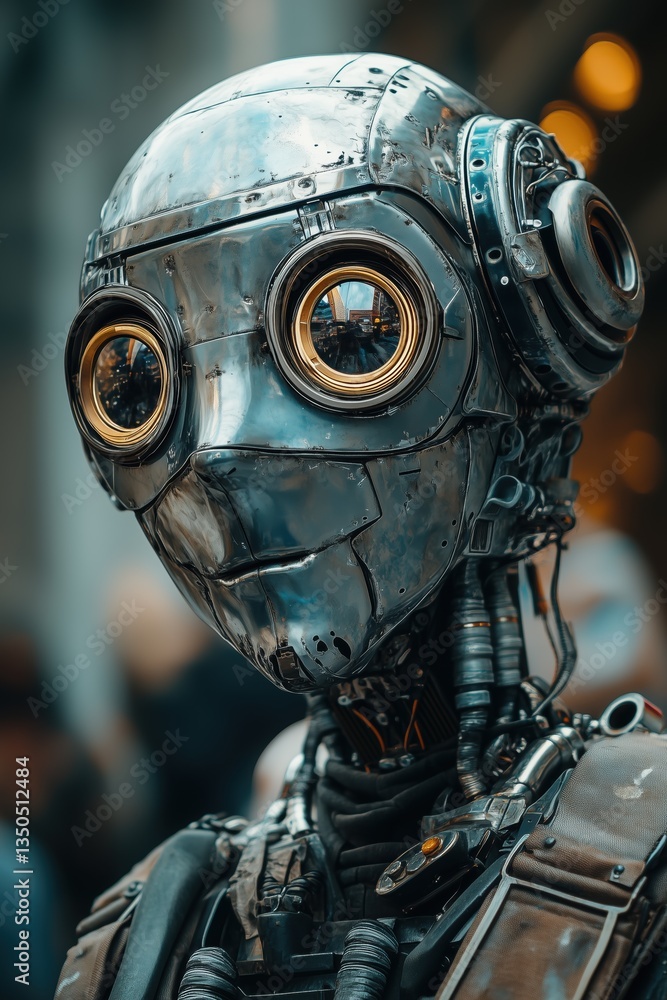 Poster a close-up of a futuristic robot with large, round eyes and a metallic surface. the robot has intric