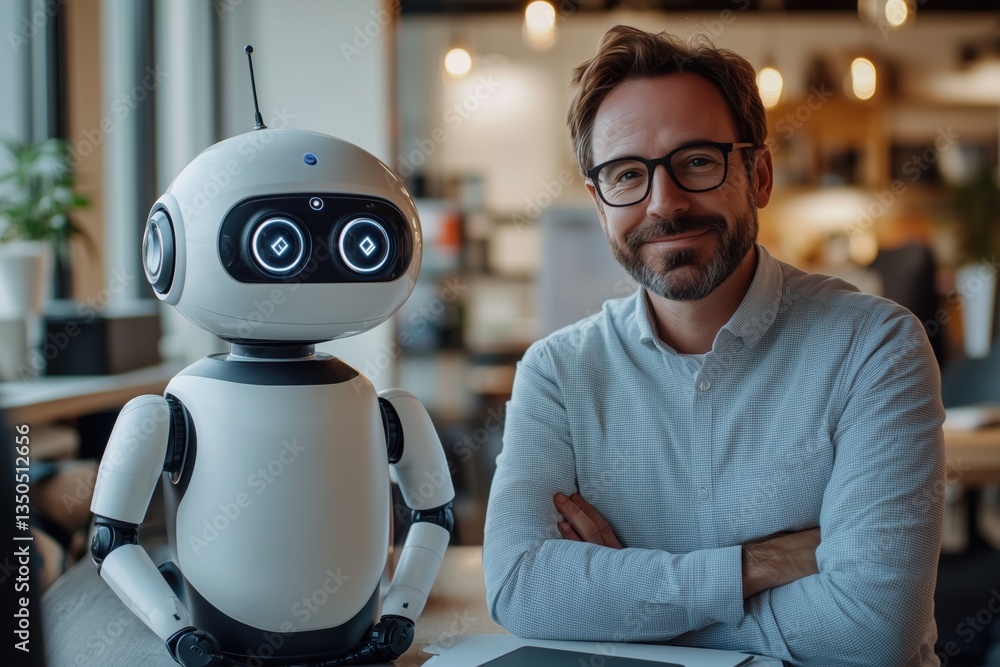 Poster a smiling man pa analyst (robotic process automation analyst) with glasses sits next to a friendly-l