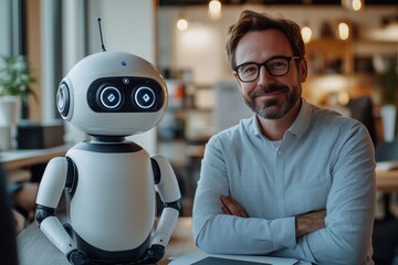 A smiling man PA Analyst (Robotic Process Automation Analyst) with glasses sits next to a friendly-looking robot in a modern office setting. The robot has a round head with expressive eyes.