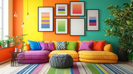 Bright family room wall mockup featuring multiple frames and cheerful modern decor